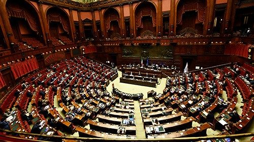 General view of the Italian Parliament as Italian Prime Minister Mario Draghi addresses deputies on ...