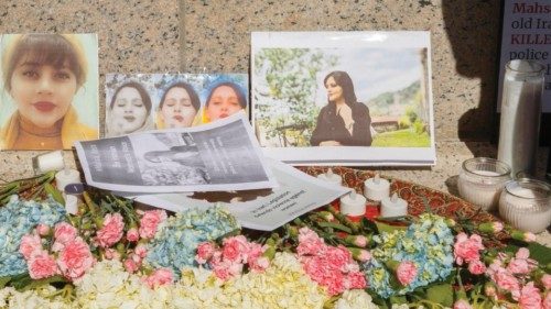 epa10204108 A memorial for Mahsa Amini at the site of a protest calling for the stop of the ...
