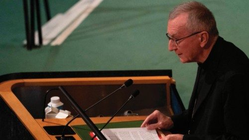 The Vatican's Secretary of State Cardinal Pietro Parolin addresses the 77th session of the United ...