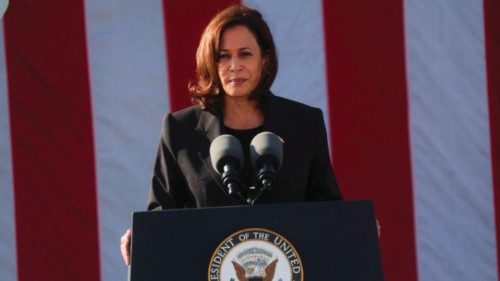 US Vice President Kamala Harris speaks during her visit onboard USS Howard at the naval base in ...