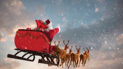 Santa Claus riding on sleigh with gift box against snow falling on fir tree forest