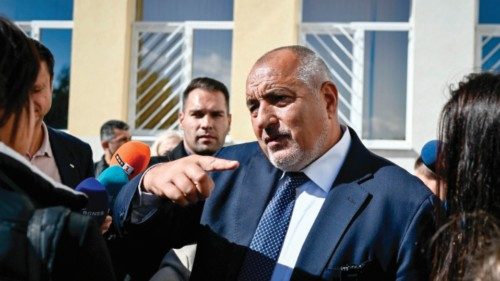 The head of GERB party and former Bulgaria's prime minister Boyko Borisov speaks to media after ...
