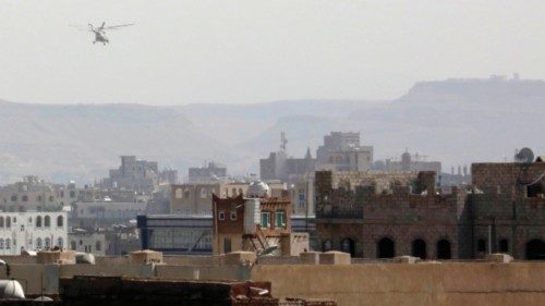epa10197095 A Houthis-operated military helicopter flies over Sana'a city for the first time since ...