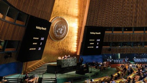 A general view shows voting results during a UN General Assembly emergency meeting to discuss ...