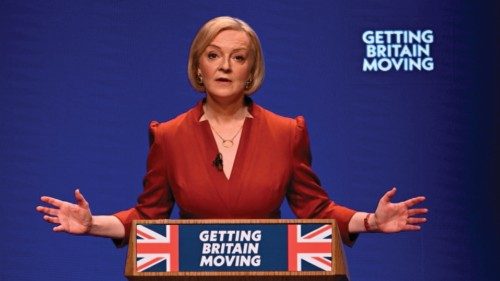 (FILES) In this file photo taken on October 5, 2022 Britain's Prime Minister Liz Truss delivers her ...