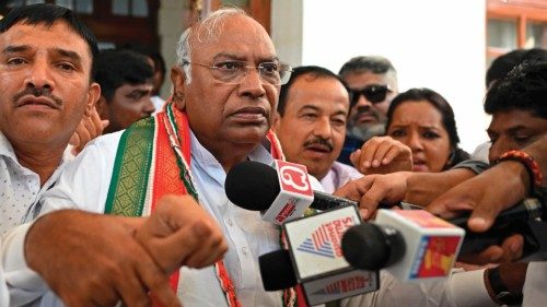 India's Congress party leader Mallikarjun Kharge speaks to the media after he got elected as the new ...