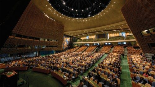 A general view shows voting results during a UN General Assembly meeting at the United Nations ...