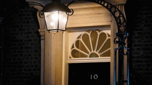 The closed front door to 10 Downing Street is pictured in central London, on October 20, 2022, hours ...