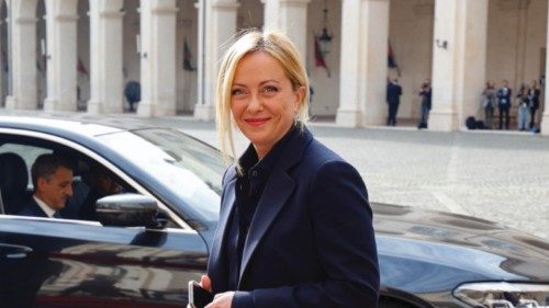 Leader of Fratelli d'Italia party Giorgia Meloni leaves at the end a meeting with Italian ...