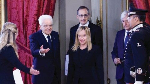 talian President Sergio Mattarella and Italian Prime Minister Giorgia Meloni during new government ...