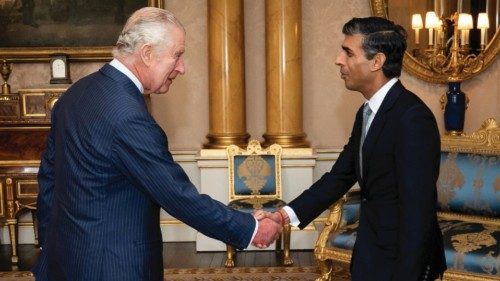 King Charles III welcomes Rishi Sunak during an audience at Buckingham Palace, London, where he ...