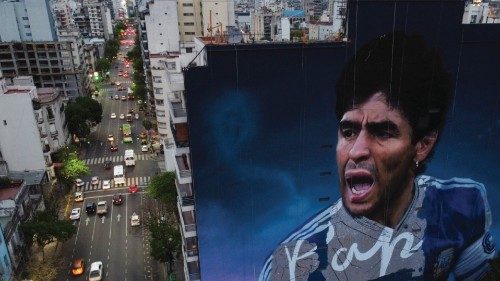 Aerial view of a mural of the late Argentine football star Diego Maradona by artist Martin Ron, on ...