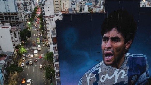 Aerial view of a mural of the late Argentine football star Diego Maradona by artist Martin Ron, on ... Aerial view of a mural of the late Argentine football star Diego Maradona by artist Martin Ron, on ...