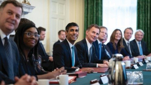 British Prime Minister Rishi Sunak, alongside Chancellor of the Exchequer Jeremy Hunt holds his ...