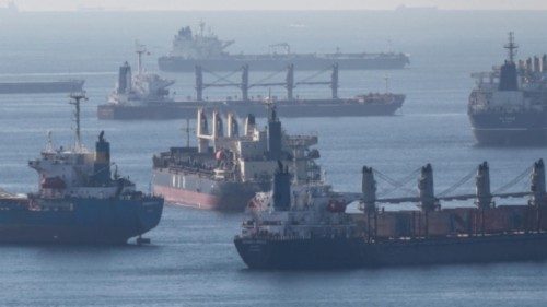 epa10258494 Cargo ships carrying Ukraine grain are anchored as they wait in line for the inspection ...