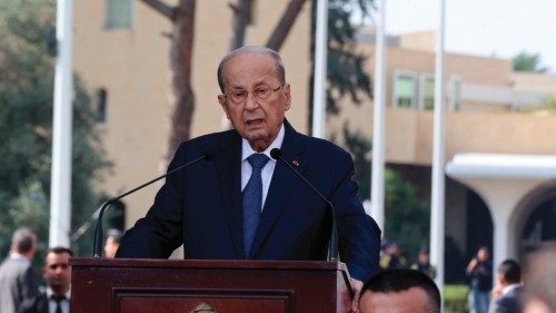 TOPSHOT - Lebanon's outgoing President Michel Aoun delivers a speech to mark the end of his mandate, ...