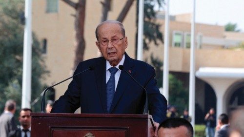 TOPSHOT - Lebanon's outgoing President Michel Aoun delivers a speech to mark the end of his mandate, ... TOPSHOT - Lebanon's outgoing President Michel Aoun delivers a speech to mark the end of his mandate, ...