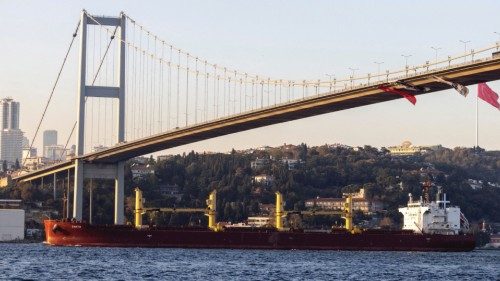 FILE PHOTO: Zante, a cargo vessel carrying Ukrainian grain, transits Bosphorus, in Istanbul, Turkey ...