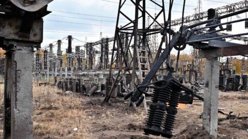 Equipments of power lines destroyed after a missile strike on a power plant are seen in an ...