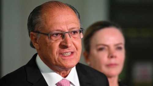 TOPSHOT - Brazilian Vice President-elect Geraldo Alckmin speaks to the press after a meeting with ...