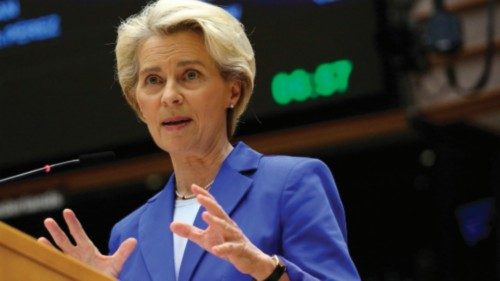 European Commission President Ursula von der Leyen speaks during a mini plenary session at the ...