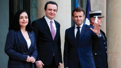 (From L) Kosovo's President Vjosa Osmani, Kosovo's Prime Minister Albin Kurti and French President ...