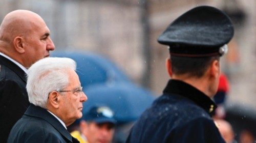 Italy's President Sergio Mattarella (C) and Italy's Defence Minister Guido Crosetto arrive at the ...