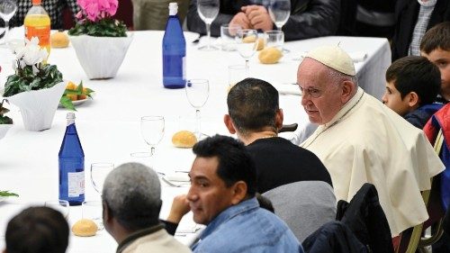 Pope Francis during a lunch with the poor on the occasion of the World Day of the Poor inside of the ...