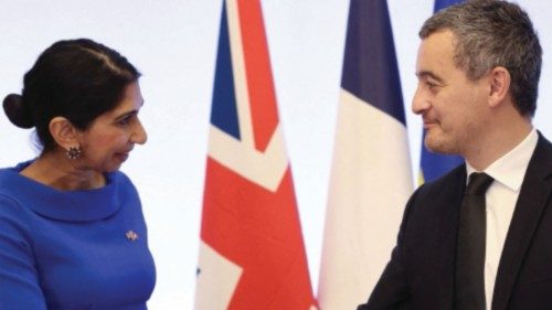 French Interior Minister Gerald Darmanin and Britain's Home Secretary Suella Braverman sign a joint ...