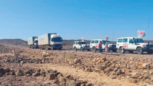 A convoy of trucks from the International Committee of the Red Cross (ICRC) deliver lifesaving ...