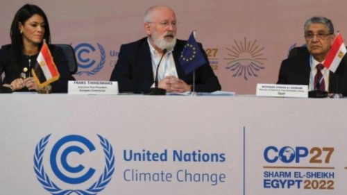 European Commission and COP Presidency speak during a session at the COP27 climate summit in Red Sea ...