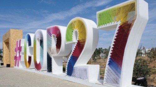 COP27 sign is seen at the Green Zone at the UN climate summit in Red Sea resort of Sharm el-Sheikh, ...