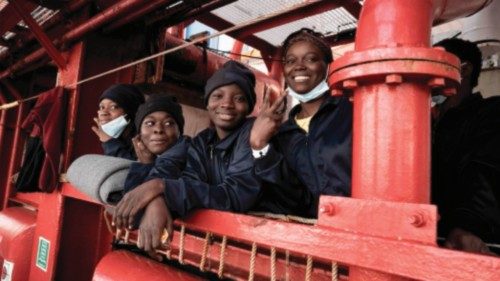 Migrants stand on board the Ocean Viking prior disembarking in Toulon on November 11, 2022, after ... Migrants stand on board the Ocean Viking prior disembarking in Toulon on November 11, 2022, after ...
