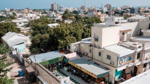 A view from a hotel roof top of downtown Mogadishu close to the site of a double truck bombs in ...