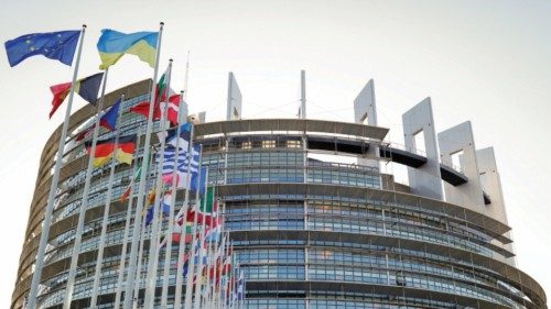 epa10321854 Flags in front of the European Parliament building in Strasbourg, France, 23 November ...