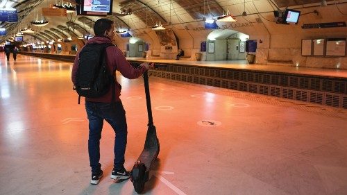 A commuter waits on a platform at Saint-Lazare RER station in Paris on November 10, 2022, during a ... A commuter waits on a platform at Saint-Lazare RER station in Paris on November 10, 2022, during a ...