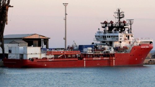 FILE PHOTO: Rescue ship Ocean Viking arrives with rescued migrants in Porto Empedocle in Sicily, ...