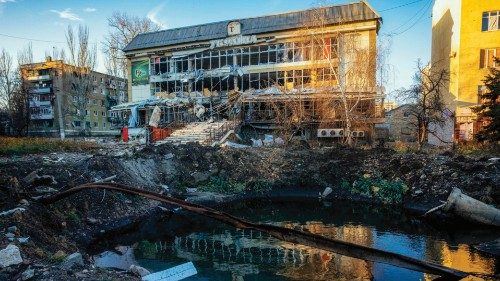 This photograph taken on November 29, 2022, shows a destroyed building in Bakhmut, Donetsk region, ...
