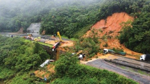 An aerial view shows a landslide in BR-376 federal road after heavy rains in Guaratuba, in Parana ...