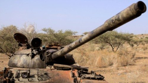 FILE PHOTO: A destroyed tank is seen in a field in the aftermath of fighting between the Ethiopian ...