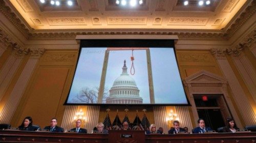 An image of a noose outside the US Capitol is displayed on a screen during the final US House Select ...