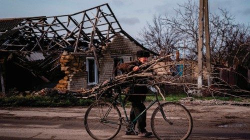 TOPSHOT - Volodymyr Kovalov, 77 years old, carries trees' brunches attached to his bike as he ...