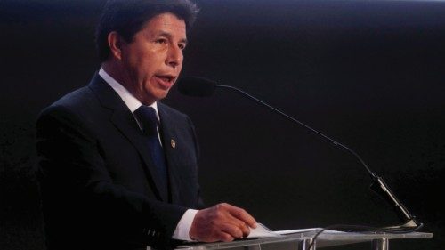 FILE PHOTO: Peru's President Pedro Castillo addresses the audience during the opening of the VII ...