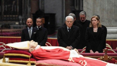 Italy's President Sergio Mattarella pays homage to former Pope Benedict at St. Peter's Basilica, at ...