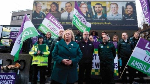 Christina McAnea, general secretary of UNISON, speaks in front of ambulance workers at a picket line ...