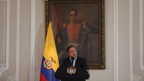 FILE PHOTO: Colombian President Gustavo Petro speaks to journalists about his government's first 100 ...