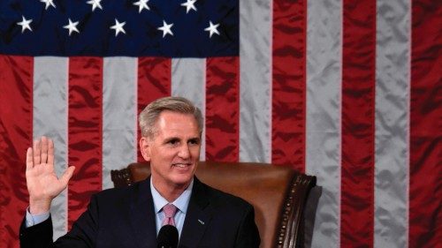 Newly elected Speaker of the US House of Representatives Kevin McCarthy swears in after he was ...