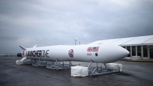A replica model of Virgin Orbit's LauncherOne rocket sits in a media area ahead of UK's First launch ...