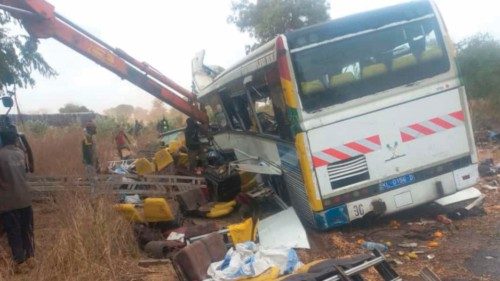 A general view of the scene of a bus accident in Kaffrine, central Senegal, on January 8, 2023 where ...