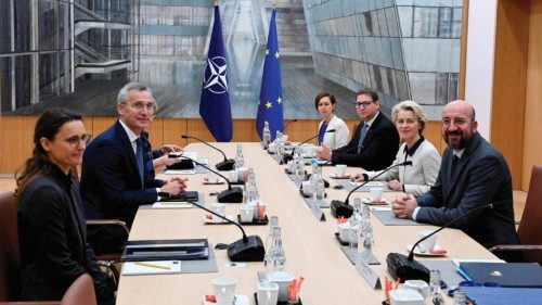 NATO's Secretary General Jens Stoltenberg (2ndL), the president of the European Council Charles ...
